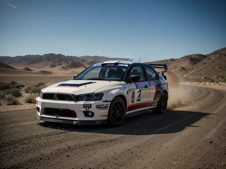 1 car, lancer evolution, rally car, fast car, desert, liveries, ultra sharp image, high definition, cinematic lighting, high resolution, high quality, 8k, neoprene, ultra sharp focus