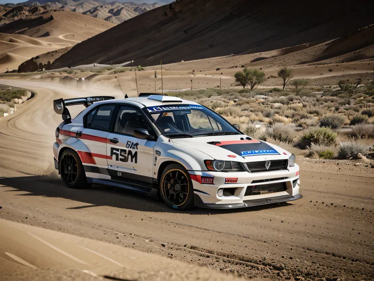 1 car, lancer evolution, rally car, fast car, desert, liveries, ultra sharp image, high definition, cinematic lighting, high resolution, high quality, 8k, neoprene, ultra sharp focus