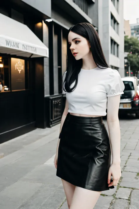 a man speaking with a gothic girl, pale white skin and dark hair girl, she is wearing a white top and black leather skirt, street background