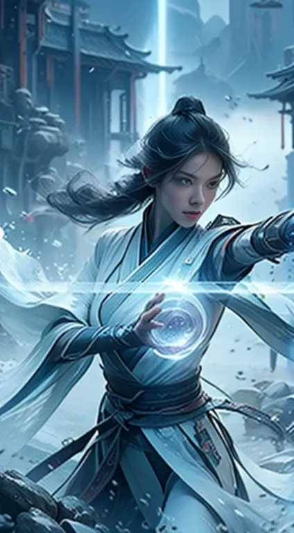 Futuristic kung fu girl，futuristic urban background，full bodyesbian，Chinese Kung Fu，Sharp eyes，Clear facial features，dressed white hanfu，The body is surrounded by purple mist，Runes surround you，Martial arts action，Holographic reality，holographic halo，dynam...