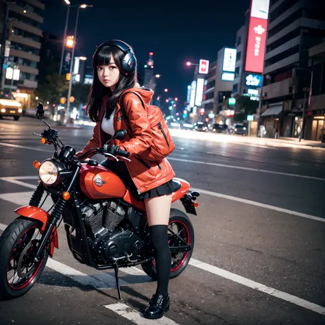 masterpiece, best quality, 1girl, solo, jacket, school uniform, serafuku, thighhighs, wearing gloves, wearing backpack, black hair, black eyes, cyberpunk, street, machinery, motor vehicle, motorcycle, panorama, wearing helmet, speed line, depth of field, m...