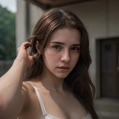 Photo HD, Best quality, hyper-realistic, Realistic cinematographic photo, A 20-year-old female innocent girl is extraordinarily handsome with intense brown hair, (8k, Epic composition, Fotorrealista, mise au point nette), Context developed, DSLR, intricate...