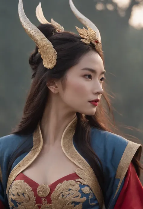 （Wearing a phoenix helmet,Close-up of Mulan, dressed in dark blue armor, holding a long sword），Front close-up，In front of Mulans face was a sword that shone with a cold light，The hilt of the sword is engraved with a beautiful pattern，Very long hair, Black ...