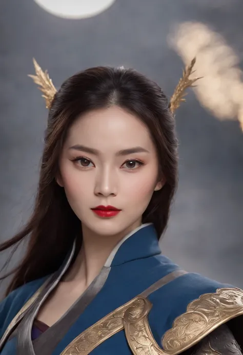 （Wearing a phoenix helmet,Close-up of Mulan, dressed in dark blue armor, holding a long sword），Front close-up，In front of Mulans face was a sword that shone with a cold light，The hilt of the sword is engraved with a beautiful pattern，Very long hair, Black ...