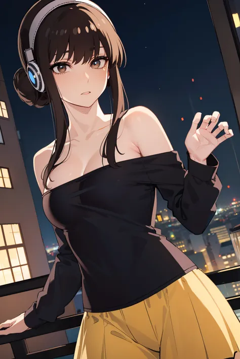 yorbriarratatata, yor briar ratatata, bangs, sidelocks, (brown eyes:1.5), black hair,
BREAK cleavage, bare shoulders, headphones, black jacket, red halter top, yellow skirt, collarbone,
BREAK outdoors, city, night city, clock tower behind
BREAK looking at ...