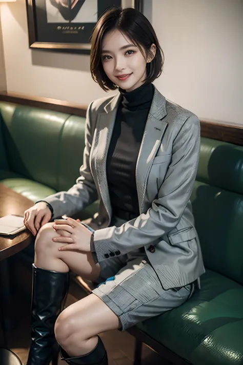 (highest quality, hight resolution, masterpiece:1.3) solo, girl, green eyes, tsurime, pink and very short hair, large breasts, detailed skin, BREAK (gray double tailored jacket), turtleneck shirts, Tweed Bermuda shorts, black shoulder bag, black high-heele...