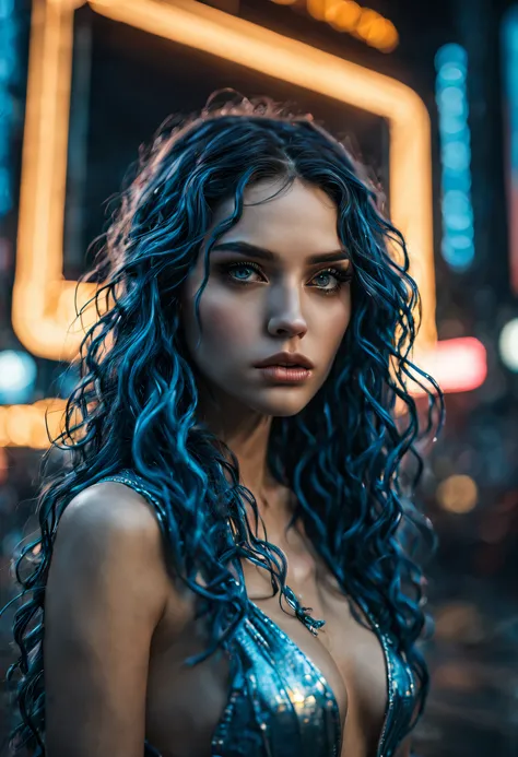 Hyper realistic professional mid body portrait, (1girl:1.1)one stunningly beautiful young shining long blue haired, long curly hair, hyper detailed and perfect, intense detailed eyes, perfect face, dark makeup ultra detailed, extemly detalled and perfect f...