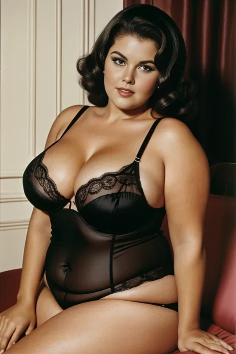 MILF, Chubby, BBW, photo vintage, very Busty, visage parfait, erotick, cheveux noir , tache de rousseur, 1969, aroused, american shot (3/4 coups) lingerie satin , moulant, montrant son , Foires, belle,