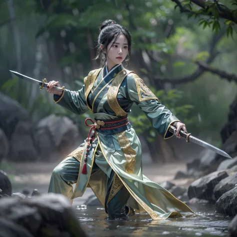 fantasy, landscape photo of the forest, chinese martial arts style, the skin is wet and shiny, (a 25-year-old girl samurai wears...