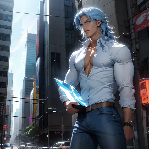 ((anime style art)), extremely muscular masculine character, tan skin, long rainbow hair,  sapphire blue eyes, bodybuilder body,...