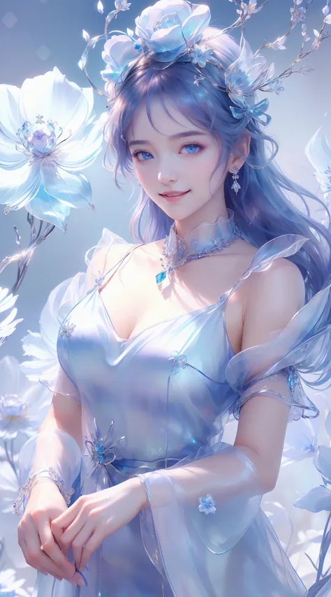 tmasterpiece,Highest high resolution,((((Bow your head and smile)))),Dynamic avatar of a beautiful aristocratic girl,Blue hair is gracefully curled,(((Wearing a crown of huge flowers、Bucket Hat,jewely,Diamond necklace))),Purple clear eyes,(((Hair is covere...