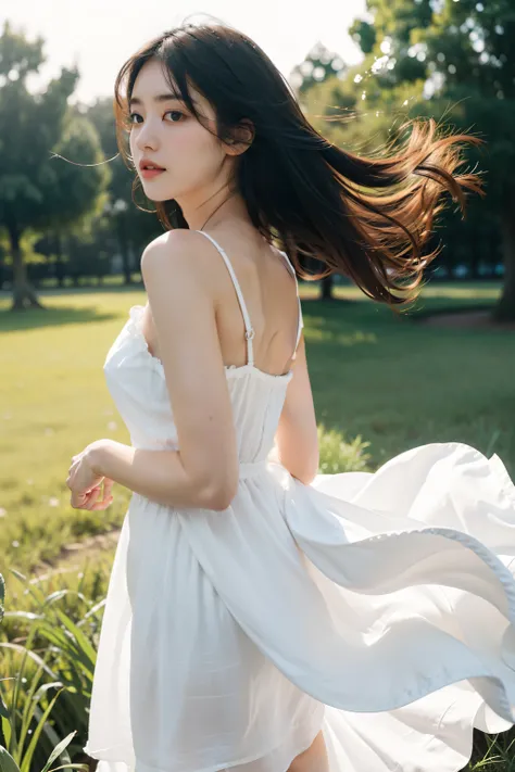 1girl, fluttering white dress. soft light