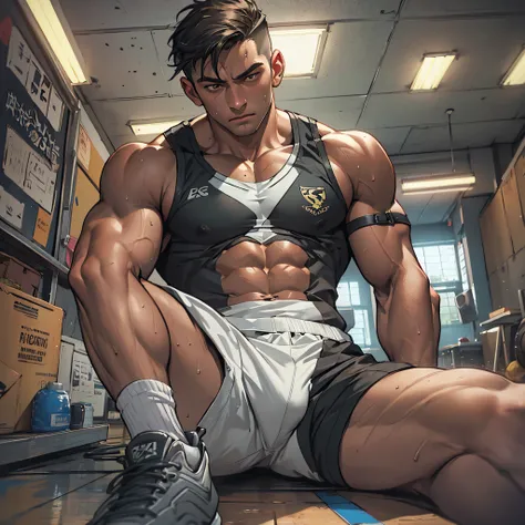 Libido boy，Tong，large pecs，Big bag，Half recumbent，CG sense，POV perspective，spread their legs，Dark atmosphere，8K,Cinematic lighting effects，Textured skin，best qualtiy，Storytelling images，Storytelling images，dynamic blur，actionpose，Elevation viewing angle,Ph...