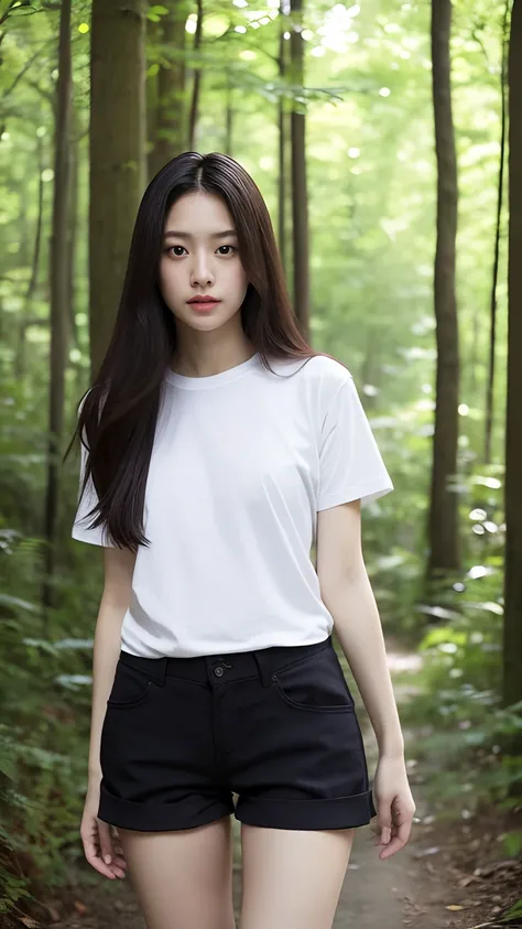 Long hair, tshirts、shortpants、Sunnyday, ,Outdoors, ln the forest,Beautie