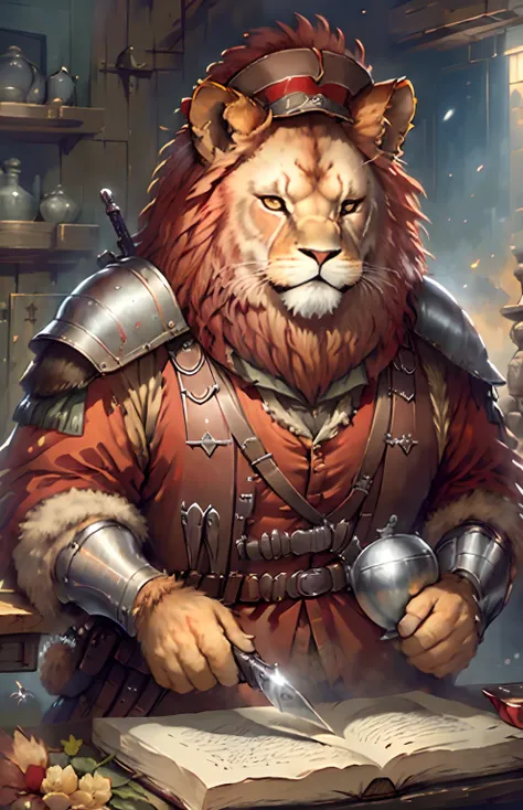 Oealism, Realism, Painting by Jean-Baptiste Monge depicting a large adult lion, Bright red mane, Evil Look, dressed in military uniform, hat on his head, In the hands of a weapon, stands on a ledge, , jean - baptiste monge, anthropomorphic --ar 2:3 --testp...