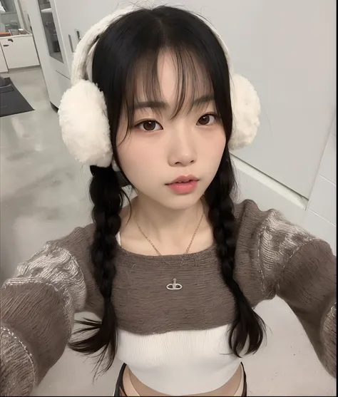 Arafed asian girl with ear muffs and a sweater, Ulzzang, Jinyoung Canela, Chiho, Lalisa Manobal, Jaeyeon Nam, penteado pigtails, penteado twintails, Shiori Teshirogi, Narumi Kakinouchi, dois penteados pigtails, Shikami, franja fofa, Heonhwa Choe, Krystal