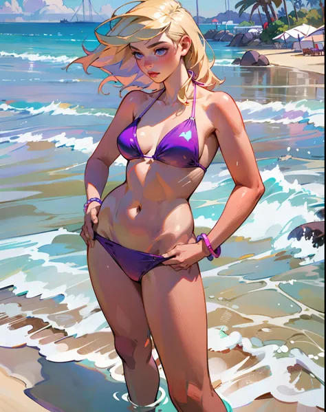 blonde woman in purple bikini standing in shallow ocean water, full body shot in bikini, in bikini, bikini model, attire: bikini, in a bikini, gorgeous bikini model, cute bikini, wearing spandex bikini, wearing pearl neon bikini, swimsuit model, 21-year-ol...