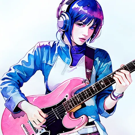 guitar,cyber punk,very watercolor,beautifully woman,Pixel art