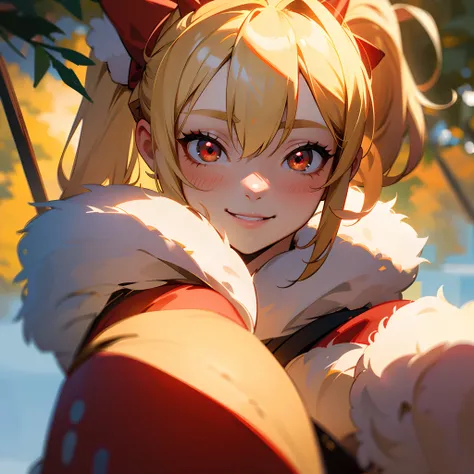 18 year old girl, Wearing Santa costumes、Blonde ponytail、Ahoge、big round red eyes、A slight smil、Laugh、small tits、Realistic painting in every detail, Christmas Outdoor、delicate detail、facial close-up