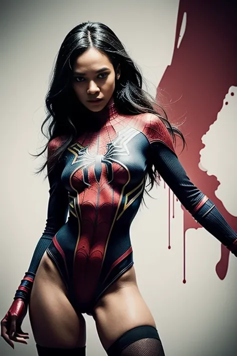 Zoë Saldana、Sticking out the navel、newyork、She wears a torn Spider-Man suit,wearing skirt、 Red and black color scheme,Dynamic、​masterpiece、top-quality、ultra-detailliert、ighly detailed、beautiful detailed brilliance、超A high resolution