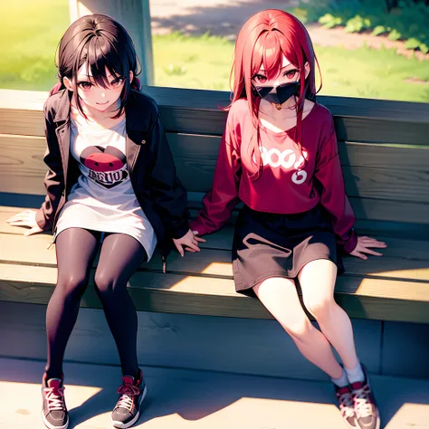 red tinted hair，bit girl，Lively and cheerful，A lollipop in hand，Small and beautiful，wearing casual cloths，Sit on a bench in the park