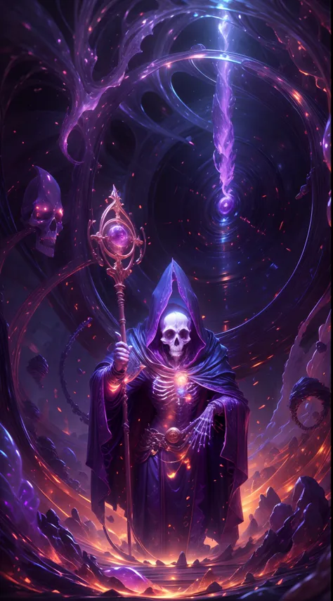 a dark runic skeleton lich, black gold skeleton, magical void energy, glowing eyes,holding a long staff with it's skelly hand, s...