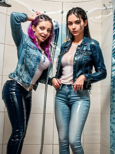 two women showering in light blue jeans and navy blue denim jacket, soaked, wet clothes, dripping wet, holding shower head, high...