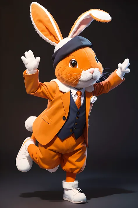 Animated, orange bunny on two legs, elegant vest, hat on the head with visible ears