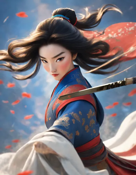 3d rendering of (close-up of mulan carrying a very long sword), （close-up of the front avatar）, （very long sword：1.37），（sword），e...