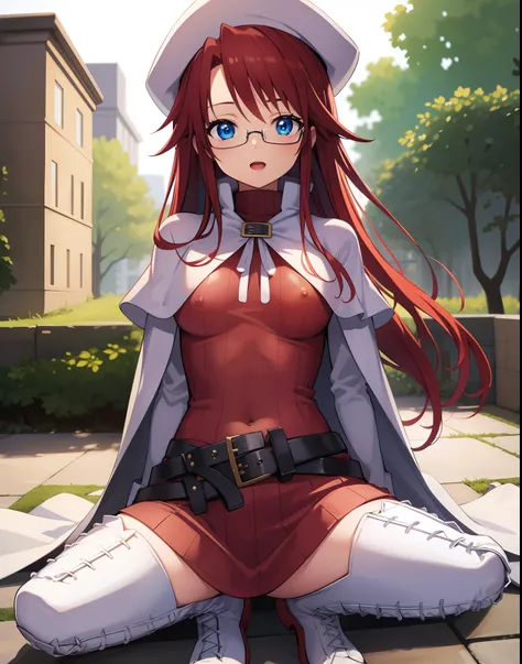 summonnightaty, aty, long hair, blue eyes, red hair, beret, hat, glasses,
BREAK long hair, thighhighs, hat, dress, boots, glasses, belt, cape, sweater, zettai ryouiki, beret, thigh boots, white footwear, ribbed sweater, loose belt,,
BREAK outdoors, fantasy...