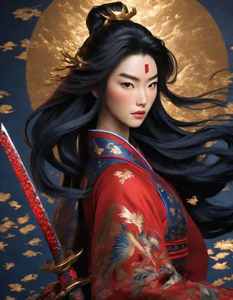 3D rendering of (Mulan wears a phoenix helmet，Close-up of dark blue armor and a sword), （Close-up of the front avatar）, sword，sword，sword，sword，（Under his neck was a sword that shone with cold light：1.37）, （Suicide by suffocation in the neck：1.3），The handl...