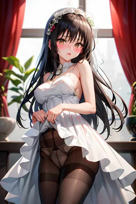 Best Quality, masutepiece, Portrait, , 1girl in, Kotegawa Yui, Black hair, Long hair, Long bangs, Brown eyes, medium udder, ((chies)), Looking at Viewer, embarassed expression,Photo from below、((weddingdress))、((pantyhose))、((Show panties))、