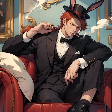 anime adult man, muscular, ginger hair, strong facial expression, confident, bunny ears, smoking a cigarette, small hat sitting on a side of the head, formal clothing