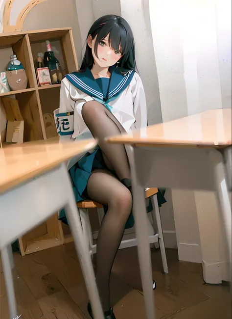 An Alafi woman in a sailor suit sits at a table, loose coat collar sailor uniform, japanese girl school uniform, Anime girl cosplay, Surrealism female students, Sailor uniform, Surrealism female students, Realistic schoolgirl, Japanese school uniform, Magi...