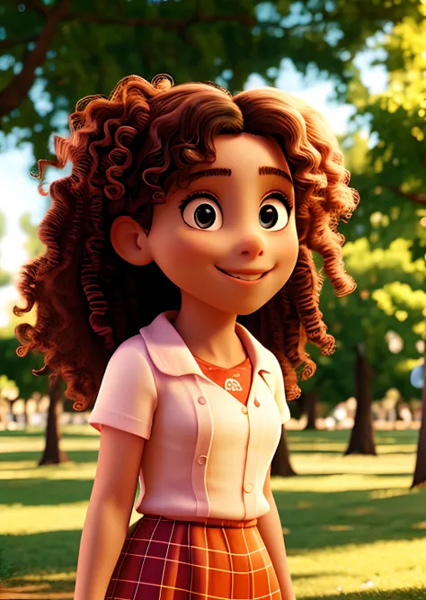 smiling curly hair young girl in a park,gorda olhos castanhos