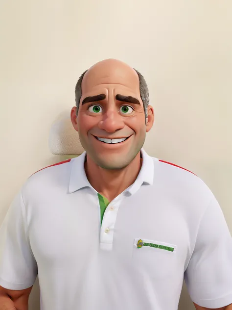 Obra-prima, de melhor qualidade, homem careca, de olhos verdes, com um sorriso encantador usando uma camiseta branca sem detalhes