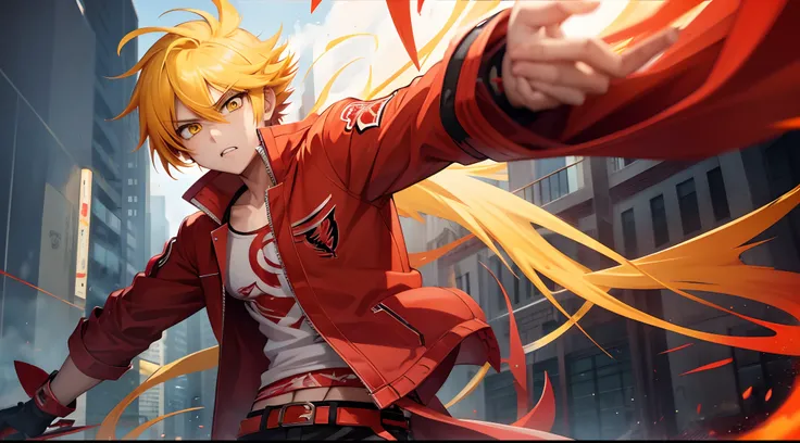 Anime badass boy character, yellow hair , red wings , smart cool anime character , red wings