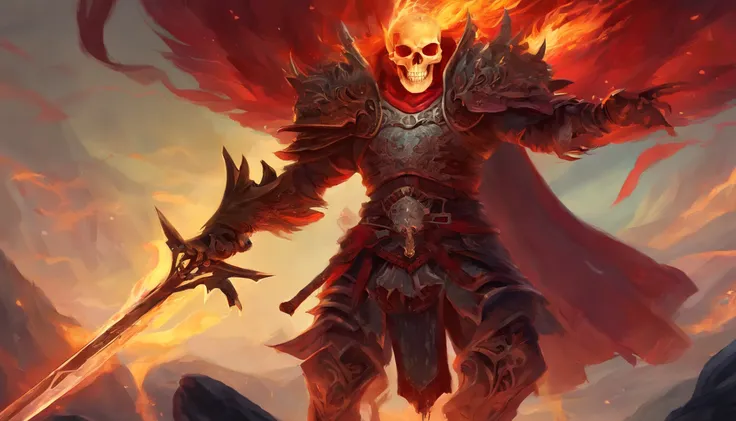 Skull warrior with flames, skeleton with armor and sword, dark, macabre, epic, horror, ultra detailed, red color.