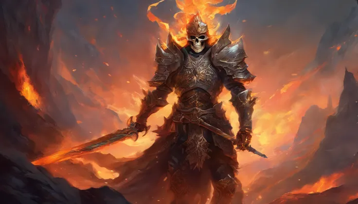 Skull warrior with flames, skeleton with armor and sword, dark, macabre, epic.