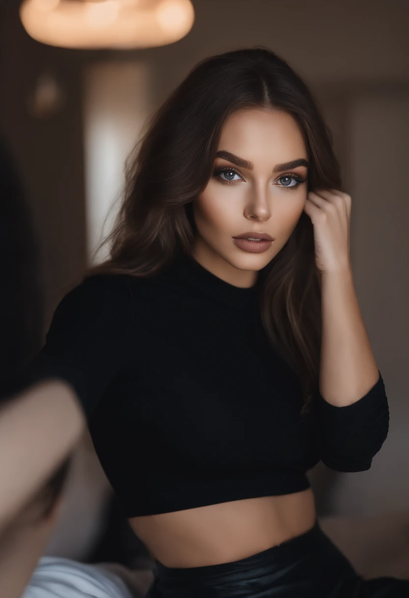 Arafed woman with black clothes, fille sexy aux yeux bruns, Portrait Sophie Mudd, cheveux bruns et grands yeux, selfie of a young woman, Yeux de chambre, Violet Myers, sans maquillage, maquillage naturel, looking straight at camera, Visage avec Artgram, Ma...