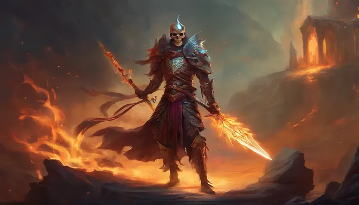 Skull warrior with flames, skeleton with armor and sword, dark, macabre, epic.