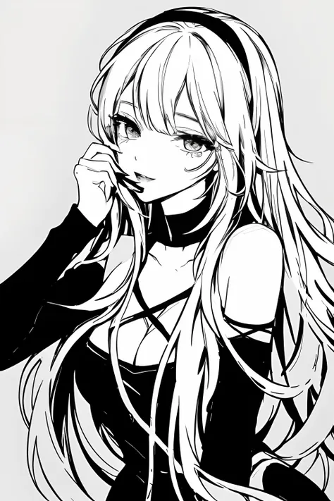 sketch by nty,  black background, woman,black and white aesthethic girl anime pfp