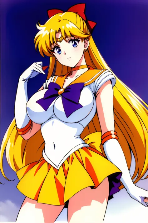 top-quality、​masterpiece、Sailor Senshi Uniform、Anime Aunt、A MILF、aino minako、sailorvenus、Orange Choker、Golden Choker、bow、Very long blonde woman、Blue-eyed woman、white glove、elbowgloves、Orange skirt、Golden skirt、rating:safe、solo、magical little girl、Orange sa...