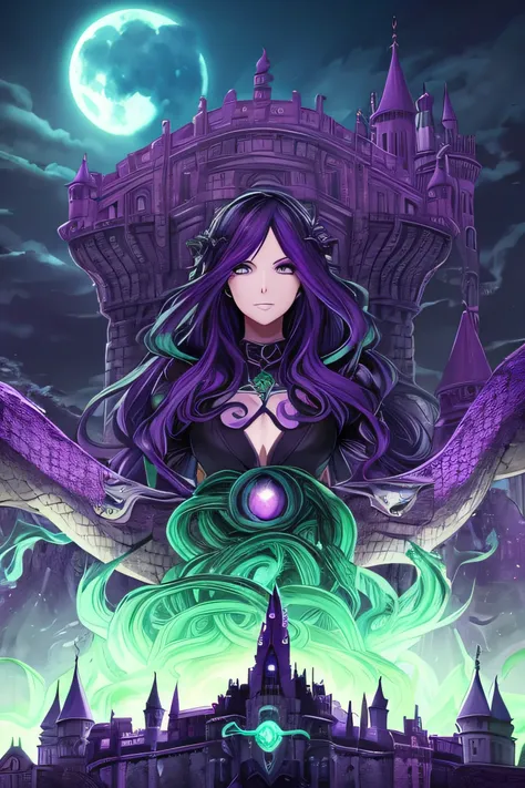 Monster Femal with snakes in the Hair, backround colors black and dark violet. Castle in the backround with magical elements in the air. Green moon in the backround.