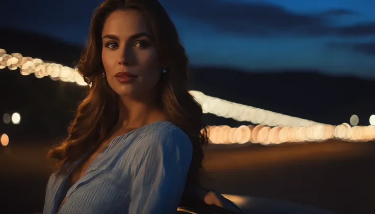 Beautiful woman with a car behind her at night, twilight sky, night lights, night sky, sunset sky, night drive, ultra detailed, photorealistic, cinematic, masterpiece.