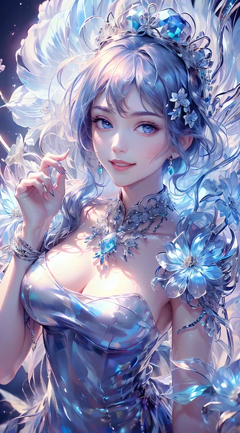 tmasterpiece，highest high resolution，((((bow your head and smile))))，dynamic avatar of a beautiful aristocratic girl，blue hair i...