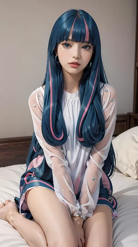 eida, long hair, bangs, blue eyes, very long hair, blue hair, pink hair, multicolored hair, earrings, blunt bangs, two-tone hair...