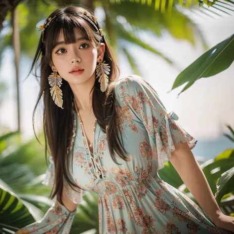 Works of masters，Best image quality，Amazing，finedetail，a beauty girl，Look through the bangs，shinny hair，Lolita hair accessories，Medium shot，natural soft light，(Bohemian print dress:1.4)，(feather earrings:1.2)Model: Universal XL, CFG scale: 7, LoRA: Asian F...