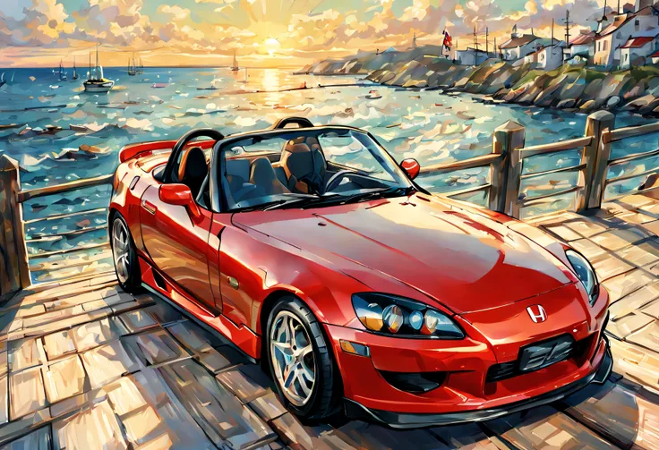 Honda S2000, roule en bord de mer, avec du soleil, effet dessin style manga