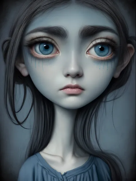 Un primer plano de una chica muy triste con el pelo largo (rubio) And the big blue eyes showing huge ((pechos)), Anton Semenov, Mark Ryden muy detallado, Estilo Mark Ryden, Mark Ryden en el estilo de, Estilo de Mark Ryden, inspirado por Mark Ryden, Naoto H...